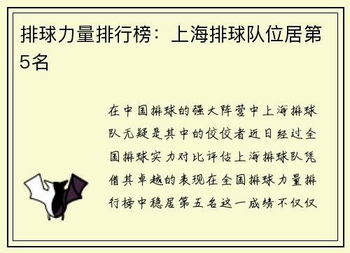 排球力量排行榜：上海排球队位居第5名