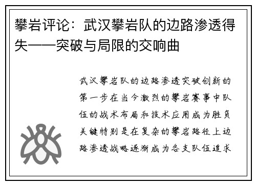 攀岩评论：武汉攀岩队的边路渗透得失——突破与局限的交响曲