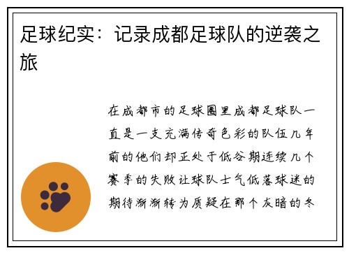足球纪实：记录成都足球队的逆袭之旅