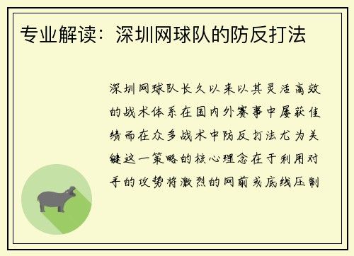 专业解读：深圳网球队的防反打法